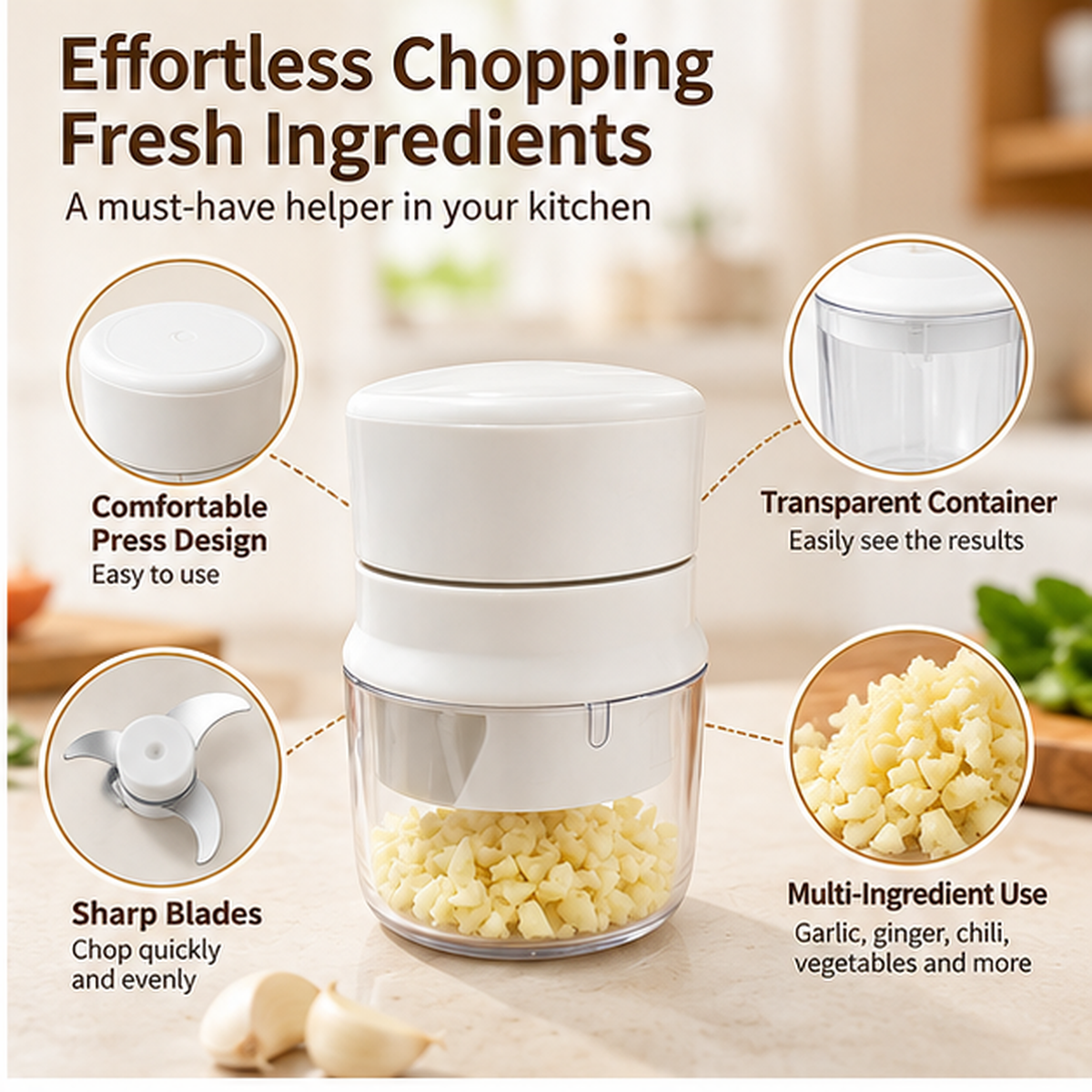 Manual Garlic Chopper, Press Food Chopper with Sharp Stainless Steel Blades, Compact Vegetable Mincer for Garlic, Ginger, Onion, Chili, Herbs and Kitchen Food Prep