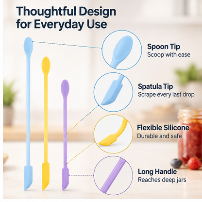 Silicone Jar Spatula Set, 3-Piece Long Handle Spoon Scraper, Flexible Kitchen Utensils for Deep Jars, Bottles, Jam, Honey, Peanut Butter, Baking & Food Prep