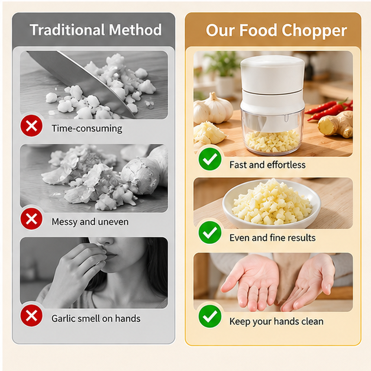 Manual Garlic Chopper, Press Food Chopper with Sharp Stainless Steel Blades, Compact Vegetable Mincer for Garlic, Ginger, Onion, Chili, Herbs and Kitchen Food Prep