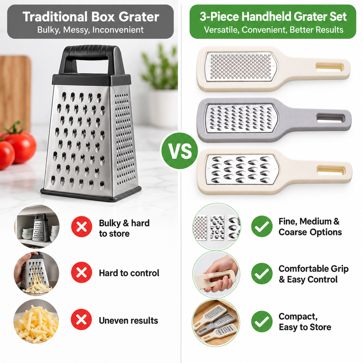 3-Piece Handheld Cheese Grater Set, Stainless Steel Kitchen Graters with Fine Medium Coarse Blades, Non-Slip Handle for Cheese, Carrots, Garlic, Lemon Zest, Vegetables & Food Prep