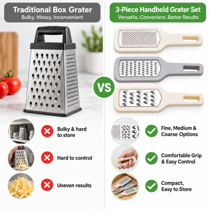 3-Piece Handheld Cheese Grater Set, Stainless Steel Kitchen Graters with Fine Medium Coarse Blades, Non-Slip Handle for Cheese, Carrots, Garlic, Lemon Zest, Vegetables & Food Prep