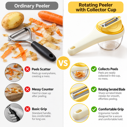 Rotating Vegetable Peeler with Peel Container, Serrated Stainless Steel Blade, 360° Swivel Fruit & Vegetable Peeler with Ergonomic Long Handle for Potatoes, Carrots, Apples & Kitchen Prep
