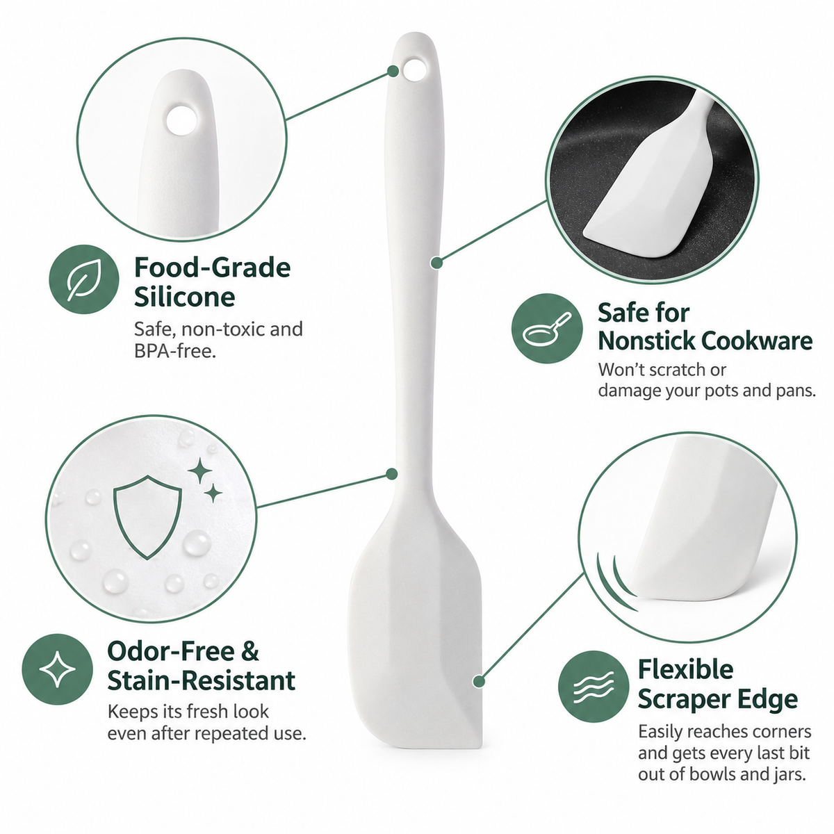 Flexible Silicone Spatula Scraper, Food-Grade Nonstick Kitchen Utensil, BPA-Free Heat Resistant Scraper for Bowls, Jars, Baking, Mixing, Cooking and Food Prep