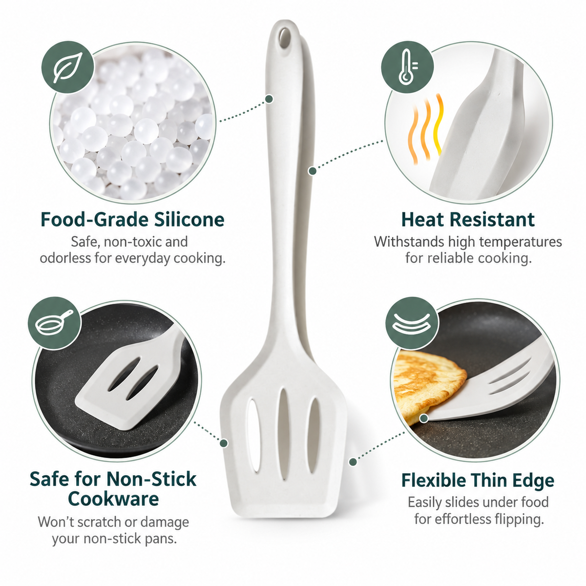 Heat Resistant Silicone Slotted Turner Spatula, Food-Grade Nonstick Kitchen Utensil with Flexible Thin Edge, Non-Scratch Cooking Spatula for Eggs, Pancakes, Fish, Burgers and Frying