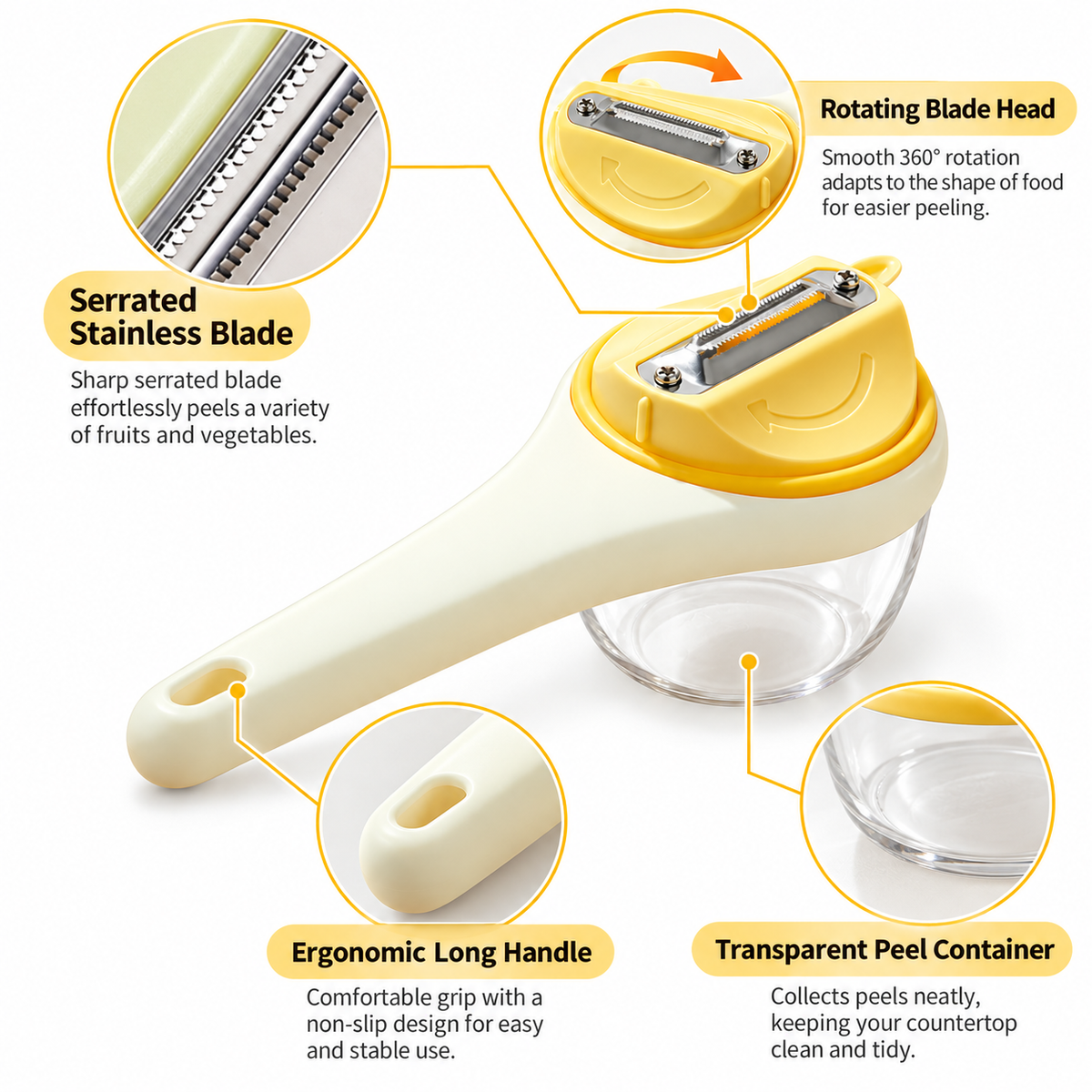 Rotating Vegetable Peeler with Peel Container, Serrated Stainless Steel Blade, 360° Swivel Fruit & Vegetable Peeler with Ergonomic Long Handle for Potatoes, Carrots, Apples & Kitchen Prep