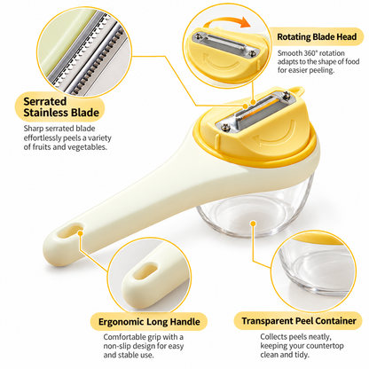 Rotating Vegetable Peeler with Peel Container, Serrated Stainless Steel Blade, 360° Swivel Fruit & Vegetable Peeler with Ergonomic Long Handle for Potatoes, Carrots, Apples & Kitchen Prep