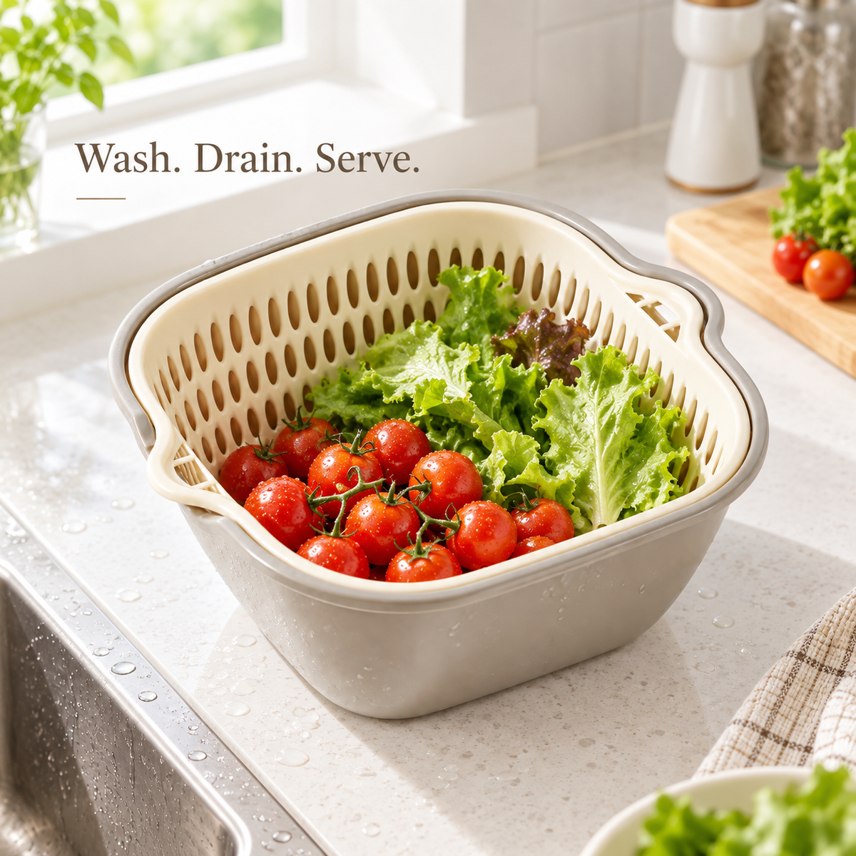 2-in-1 Kitchen Colander Bowl Set, Drain Basket Strainer with Outer Bowl and Side Handles, Vegetable Fruit Pasta Washer and Drainer for Kitchen Food Prep