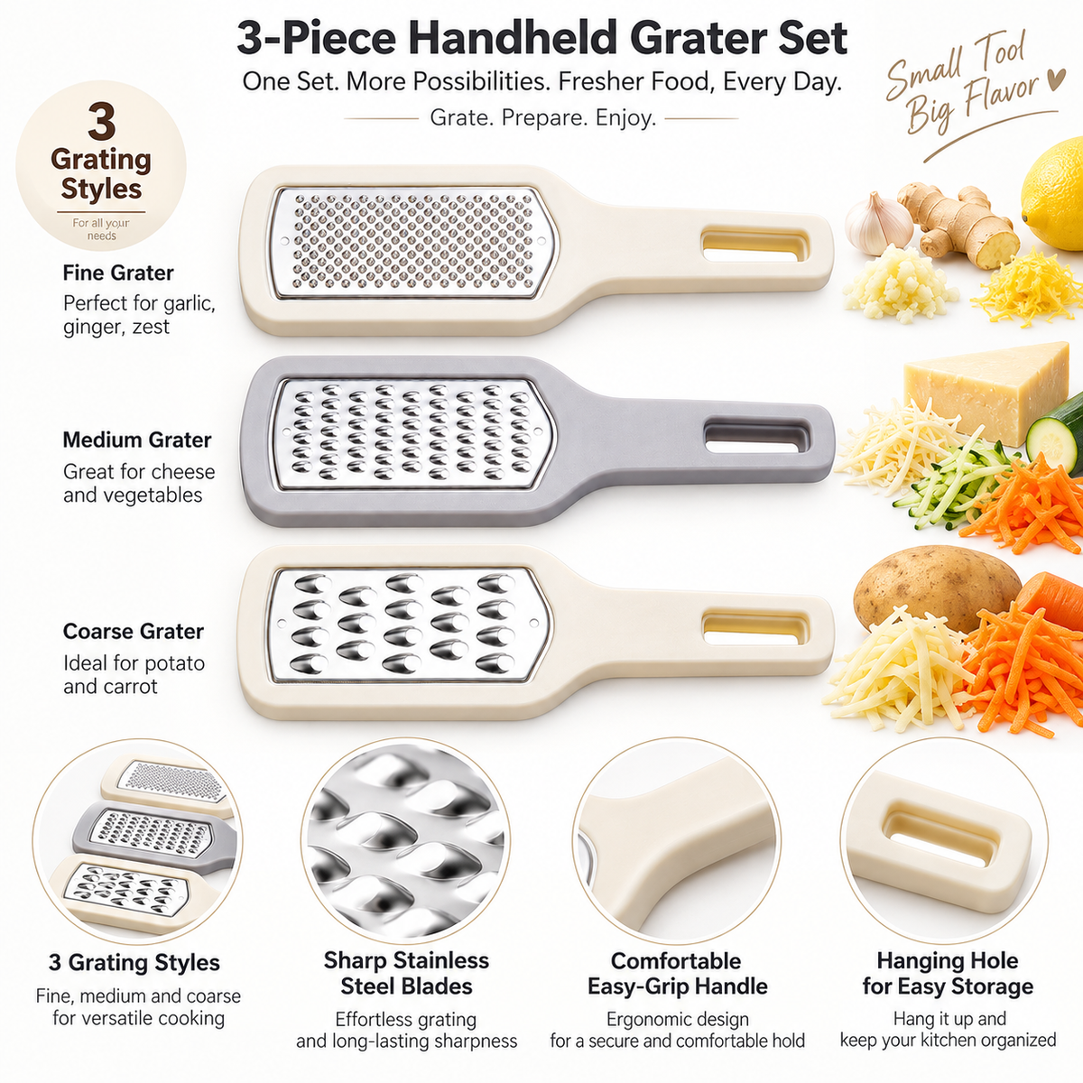 3-Piece Handheld Cheese Grater Set, Stainless Steel Kitchen Graters with Fine Medium Coarse Blades, Non-Slip Handle for Cheese, Carrots, Garlic, Lemon Zest, Vegetables & Food Prep