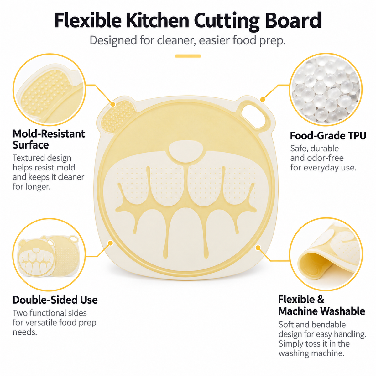 Flexible Cutting Board for Kitchen, Food-Grade TPU Double-Sided Chopping Board, Bendable Non-Slip Cutting Mat, Mold-Resistant Machine Washable Prep Board for Meat, Fruit & Vegetables